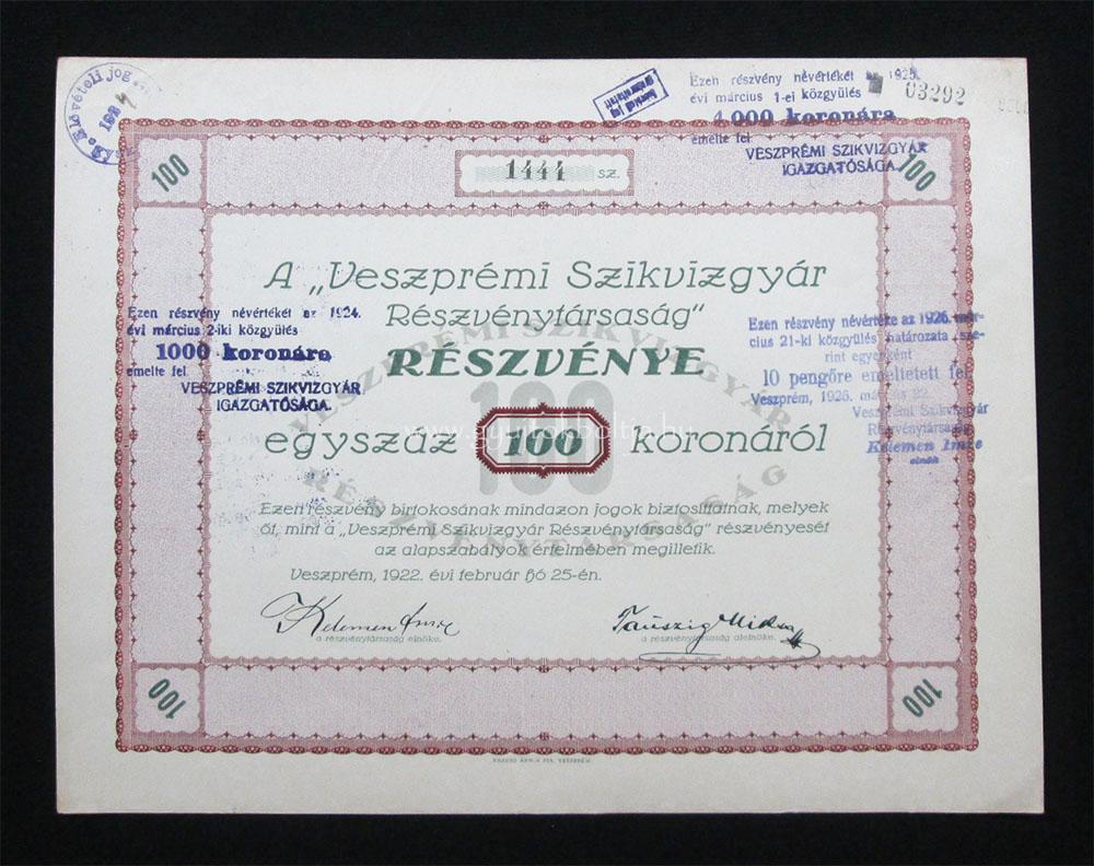 Veszprémi Szikvízgyár részvény 100 korona 1922